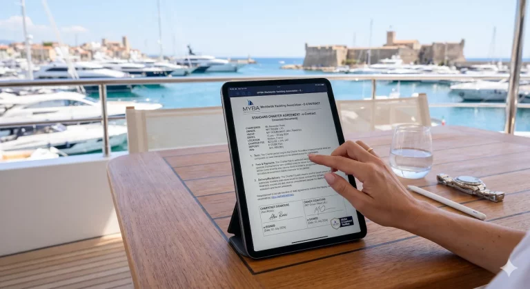 Hand reviewing a signed MYBA charter e-contract on a tablet aboard a yacht, Antibes harbour in the background