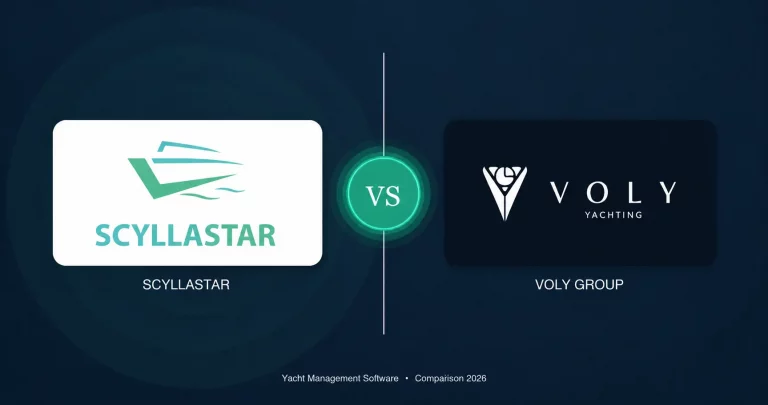 Scyllastar and Voly Group logos side by side for a 2026 yacht management software comparison