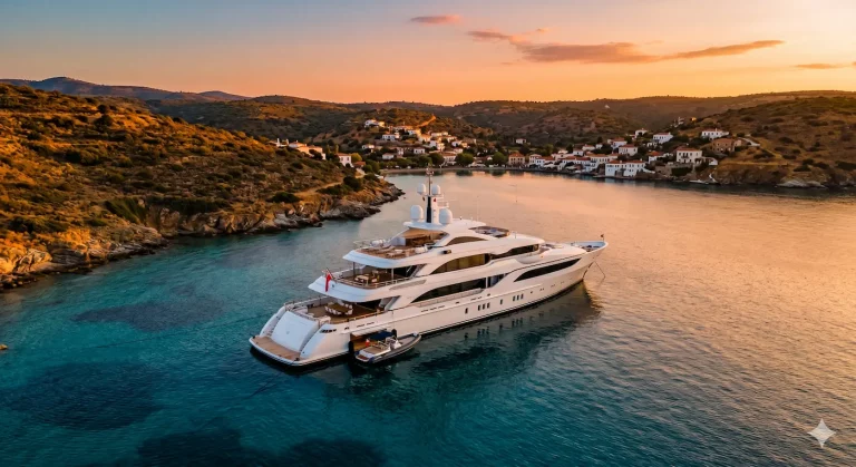 Superyacht at anchor with its tender in a Mediterranean bay at sunset, hillside village in the background