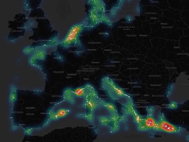 Heat map of yachts over 18 metres across Europe, with hotspots in the Mediterranean, the Adriatic and the Netherlands