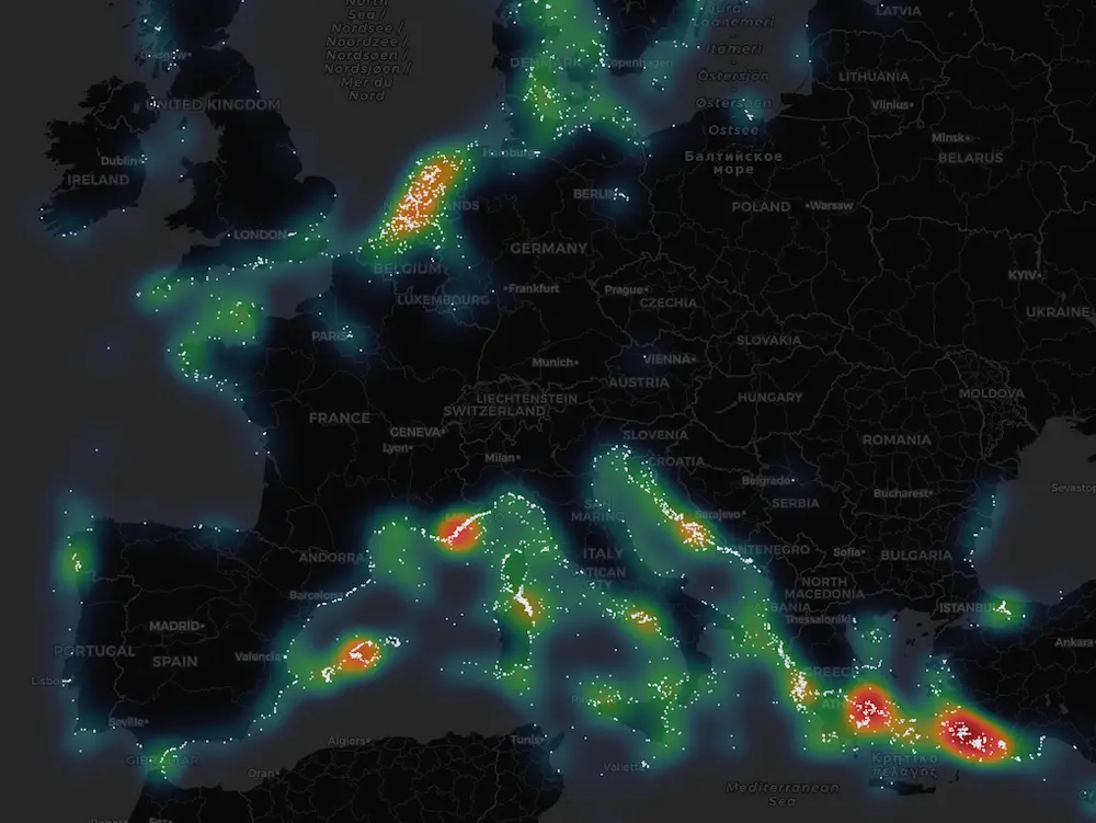 Heat map of yachts over 18 metres across Europe and the Mediterranean in 2026