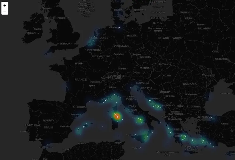 Heat map of superyachts over 60 metres in the Mediterranean in 2026, led by Sardinia