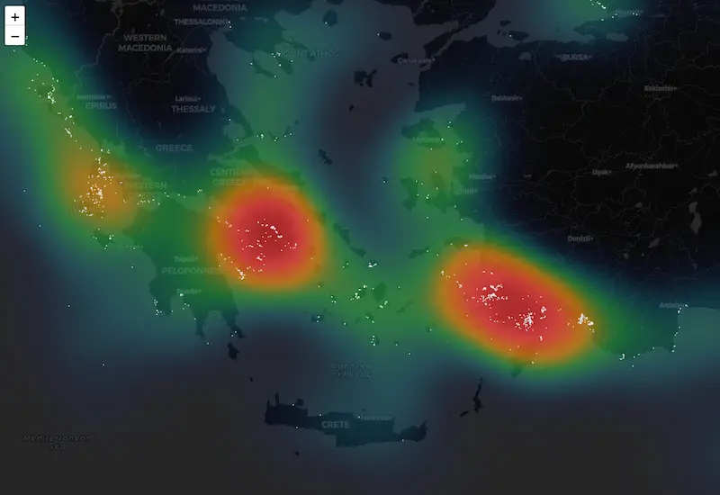 Zoomed heat map of yacht density around Greece, the Aegean and Athens