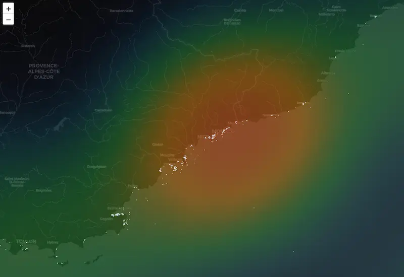 Zoomed heat map of superyacht density on the Monaco and French Riviera coast