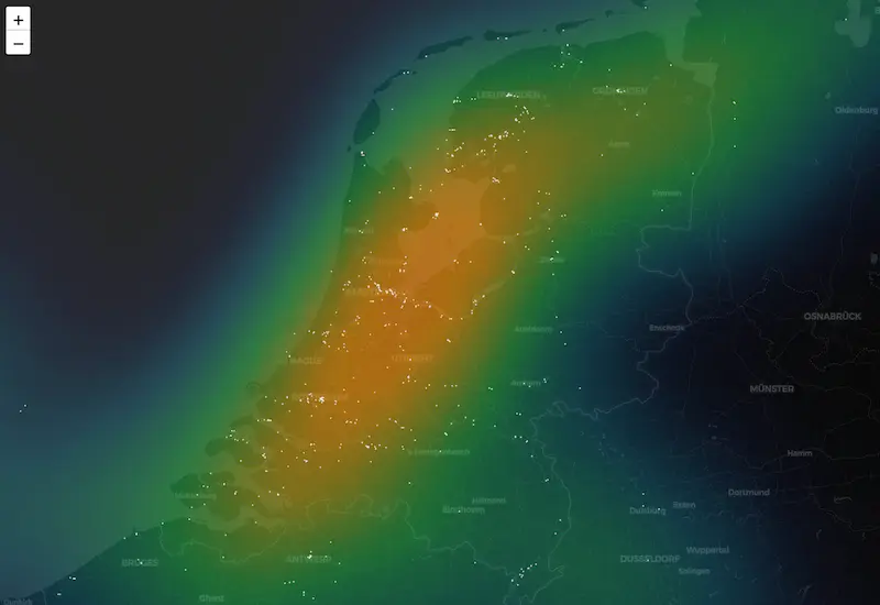 Zoomed heat map of the Netherlands showing dense vessel traffic far inland along canals and rivers