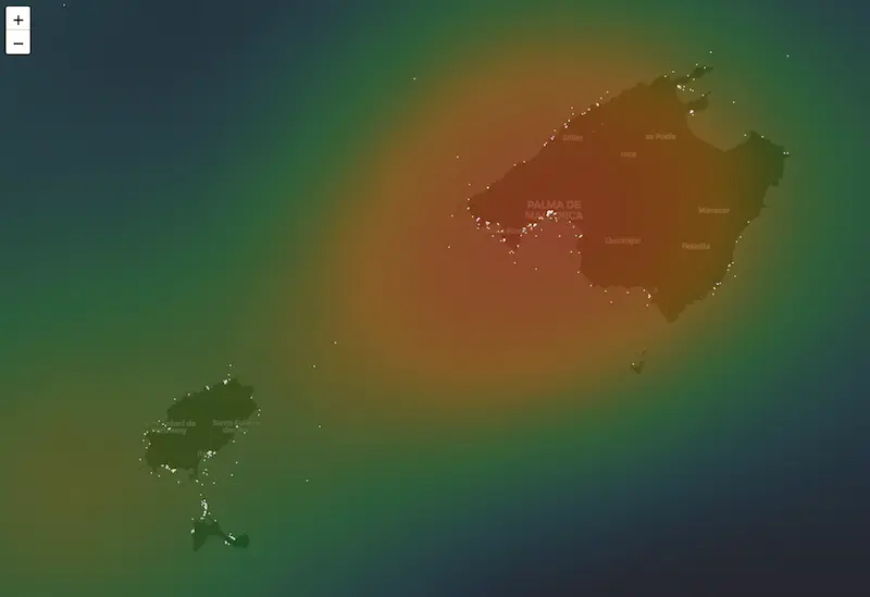 Zoomed heat map of yacht density around Palma de Mallorca and the Balearics
