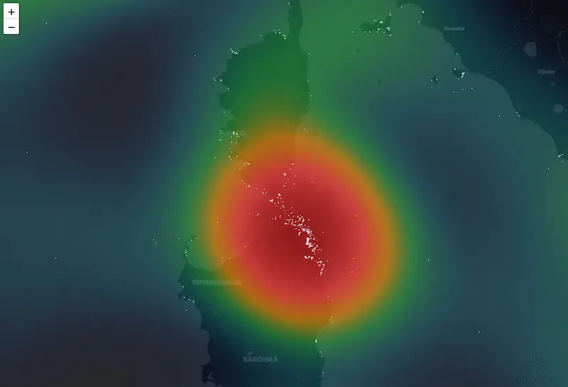 Zoomed heat map of yacht density around Sardinia and the Costa Smeralda