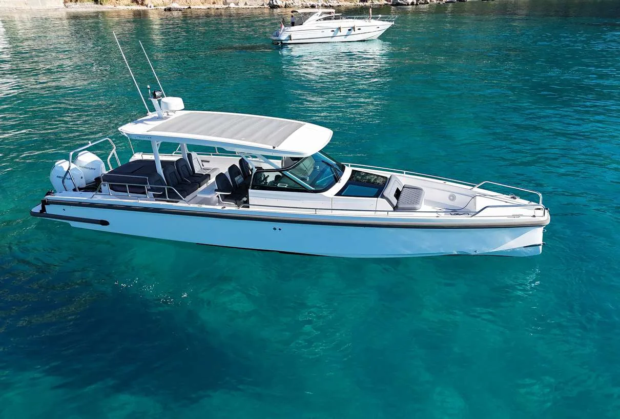 Axopar 37 Sun Top 2020 — full port profile showing the sun top canopy