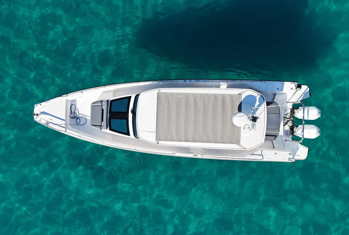 Axopar 37 Sun Top 2020 — overhead aerial view of the deck layout