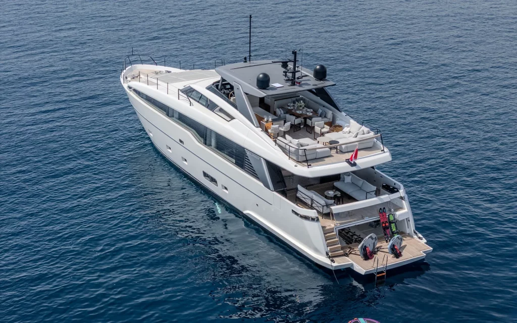 Tell No One, Sanlorenzo SL86 Asymmetric at anchor with the swim platform and water toys deployed
